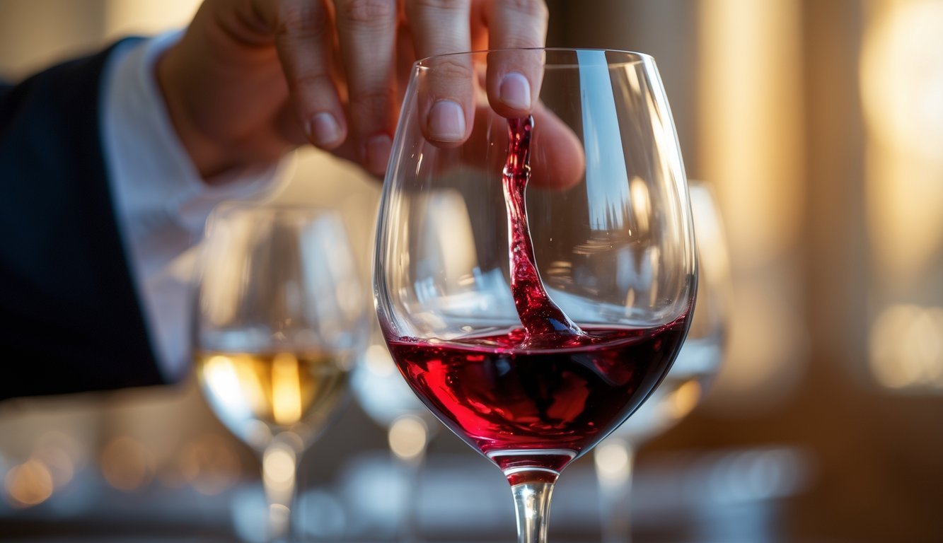 A hand gently swirling a glass of red wine in a softly blurred background.