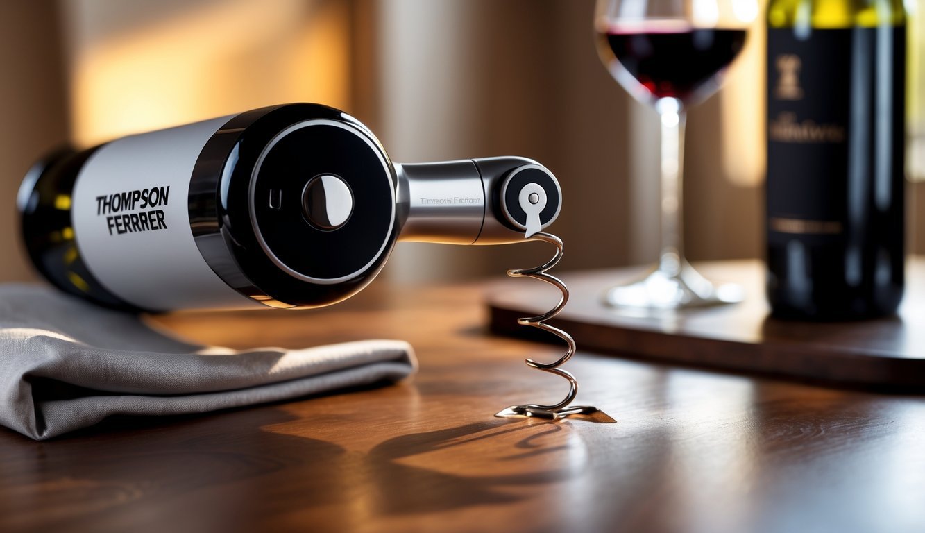 An electric wine corkscrew removing a cork from a bottle of red wine on a wooden table with a filled wine glass nearby.