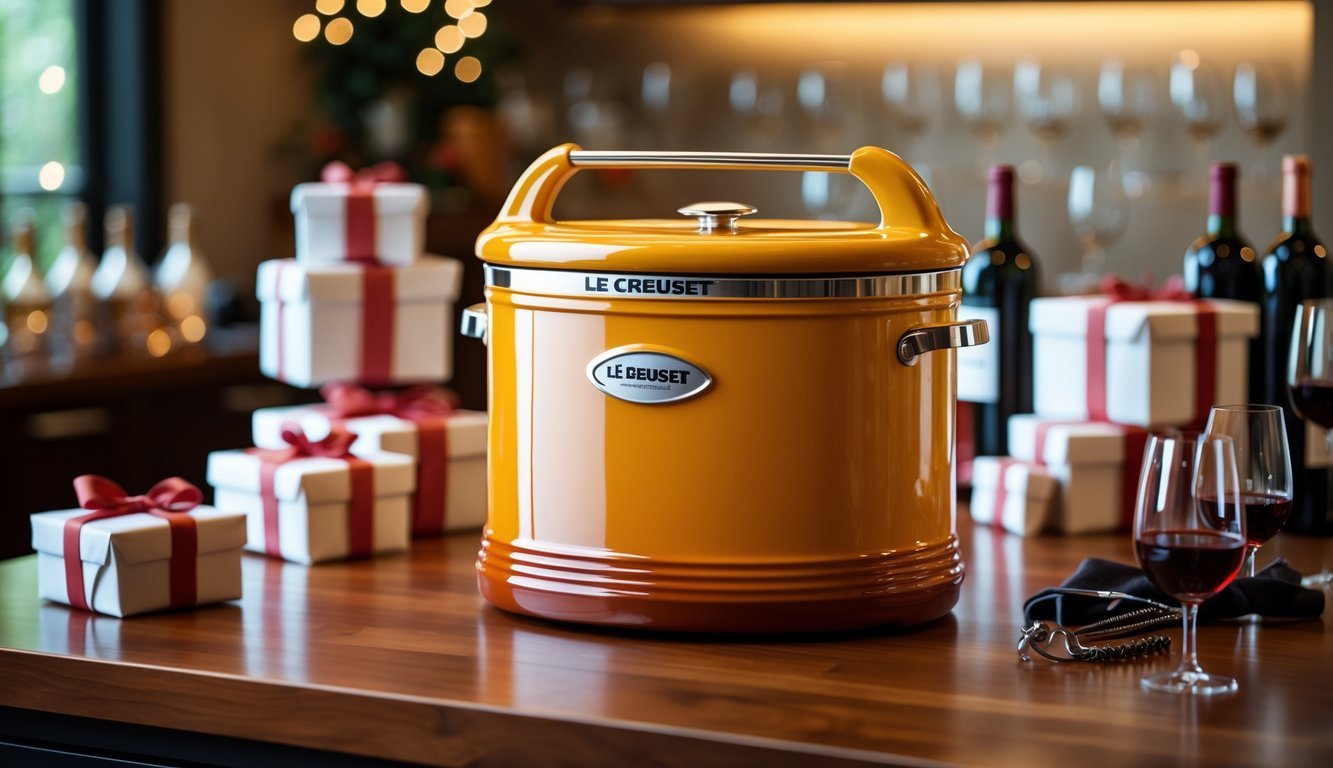 A Le Creuset Heritage Wine Cooler on a wooden countertop surrounded by wrapped gift boxes and wine accessories.