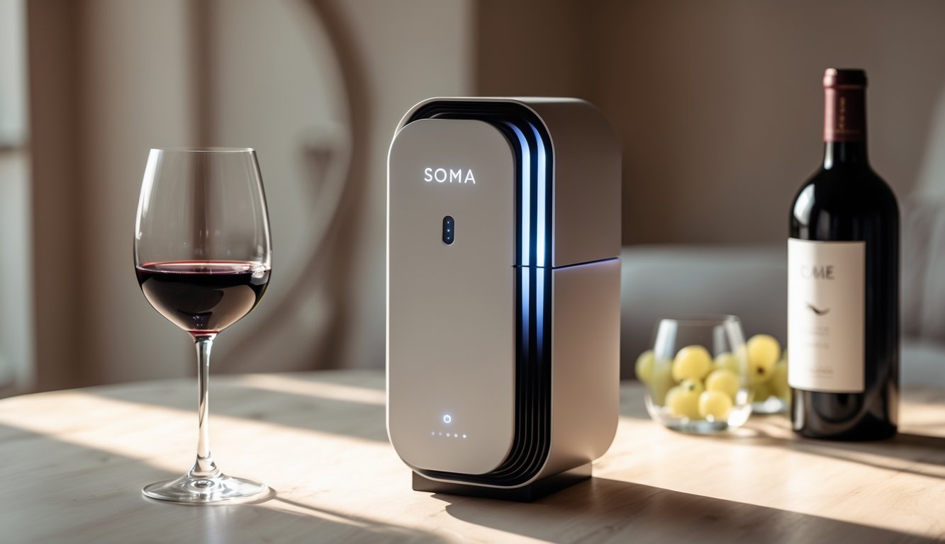 A Soma Pure wine purifier on a wooden table next to a glass of red wine and an opened wine bottle in a softly lit setting.