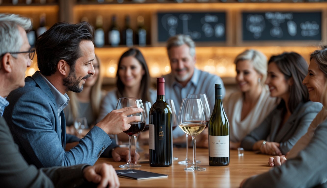A wine expert swirling a glass of red wine at a wooden table with wine glasses and a bottle, while a small group of people listen attentively in a cozy wine bar.