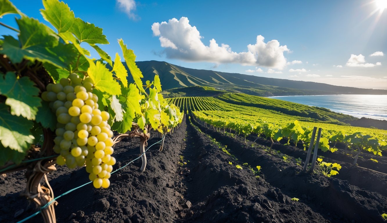 Vineyard with ripe grapes on volcanic soil overlooking the ocean and hills under a blue sky in Maui, Hawaii.