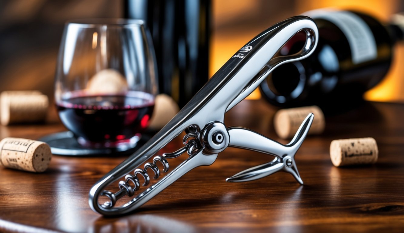 A classic Rabbit corkscrew on a wooden table next to a partially opened bottle of red wine, a filled wine glass, and some wine corks.