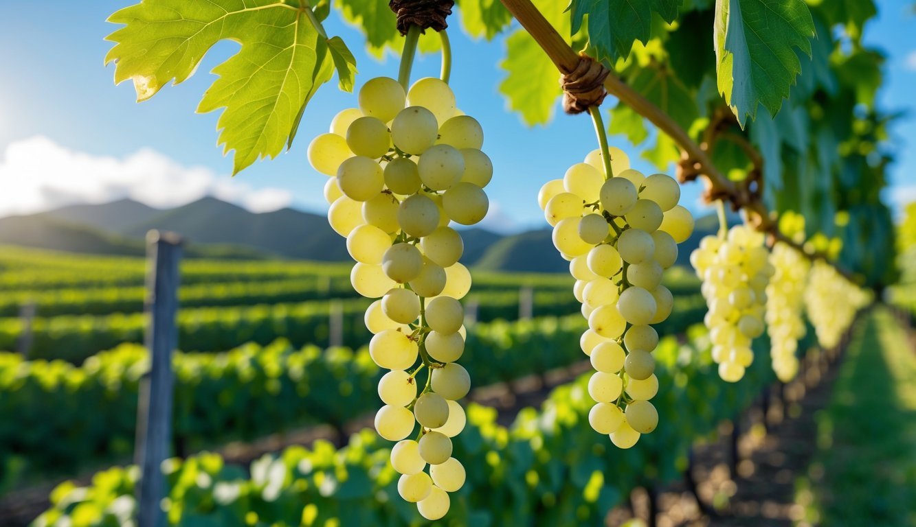A vineyard in Polynesia with clusters of rare white grapes hanging from green vines under a clear blue sky.