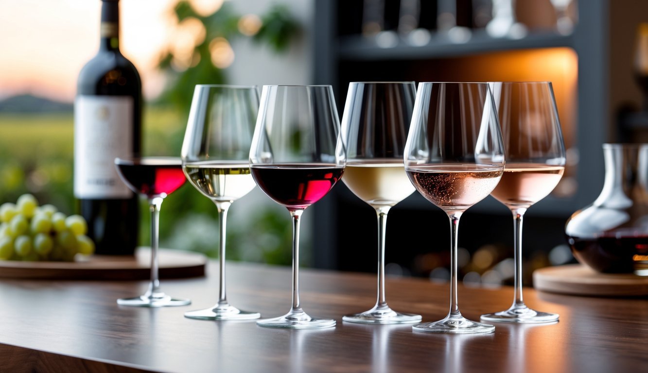 Three elegant wine glasses filled with red, white, and rosé wine arranged on a wooden table with a wine bottle and decanter in the background.