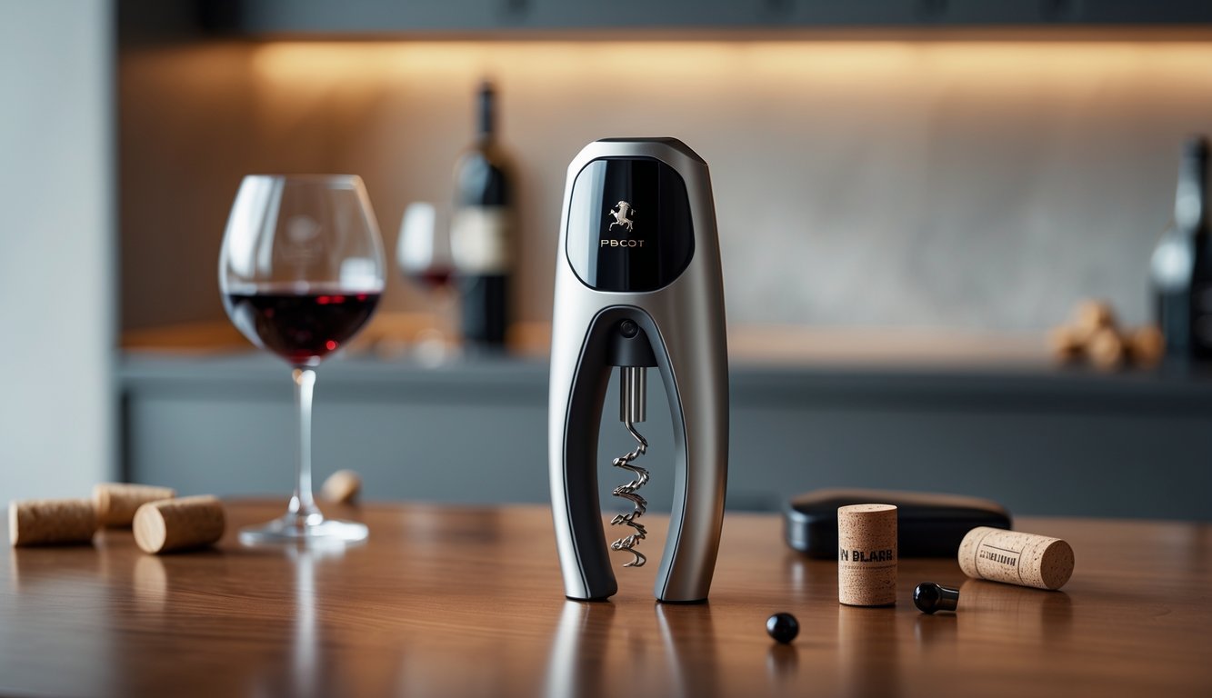 An electric corkscrew removing a cork from a wine bottle on a wooden table with a glass of red wine nearby.