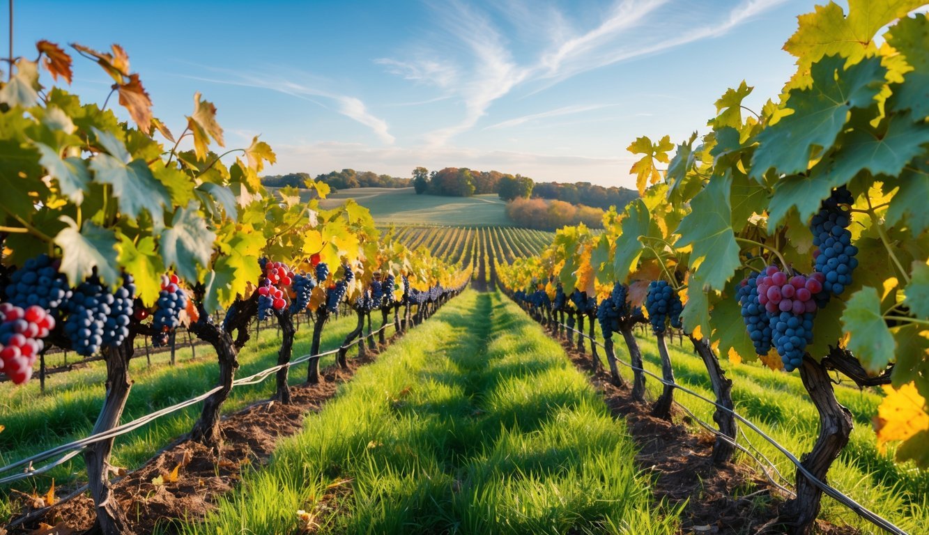 Vineyard in Long Island with rows of grapevines bearing red and white grapes under a clear blue sky.