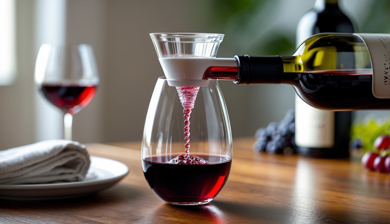 Close-up of a wine aerator attached to a bottle pouring red wine into a glass on a wooden table.