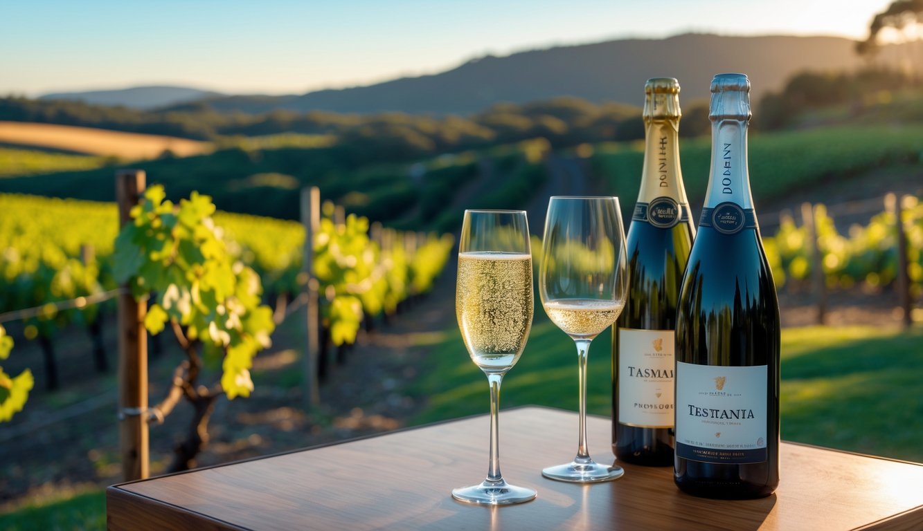 A vineyard in Tasmania with grapevines, a wooden table holding a sparkling wine bottle, a flute glass with sparkling wine, and a bottle of Pinot Noir with a glass, set against rolling hills and clear sky.