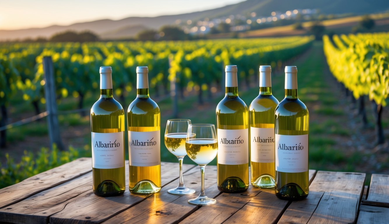 Vineyard in Galicia, Spain with bottles and glasses of Albariño white wine on a wooden table, green grapevines and hills in the background.