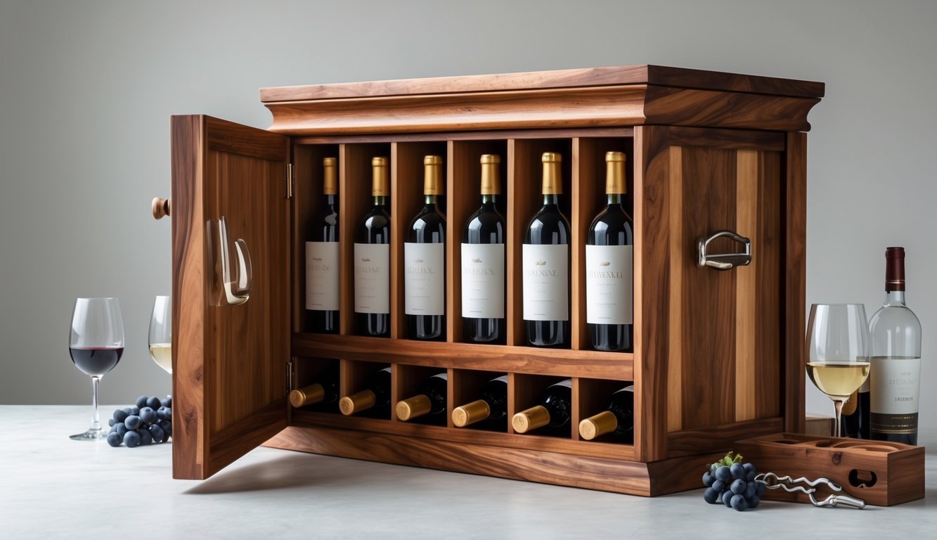 A wooden wine chest open to reveal twelve neatly stored wine bottles with wine accessories nearby.
