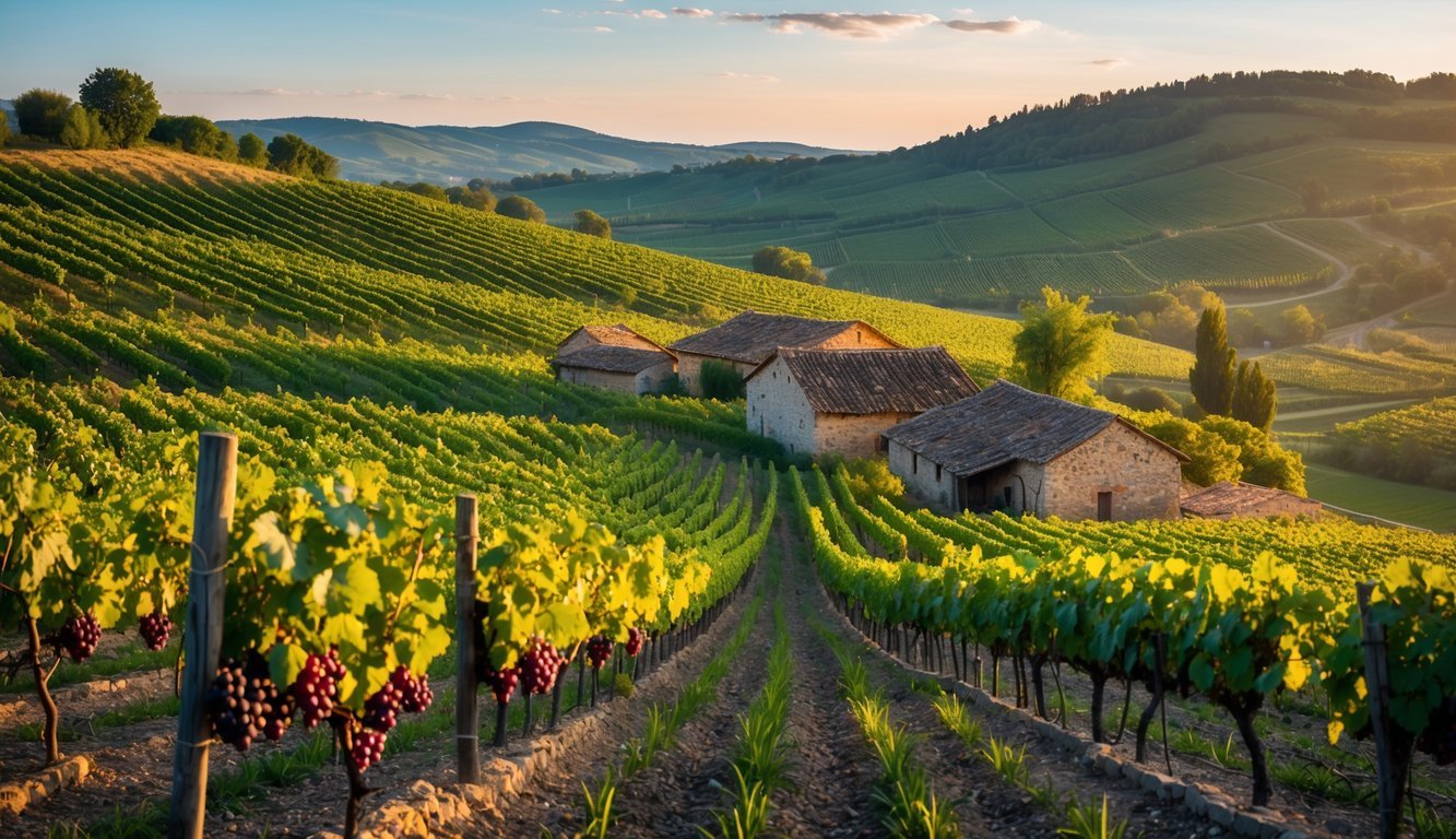 Vast vineyard landscape in Moldova with ripe red grapes on grapevines and rustic farm buildings under a clear sky.