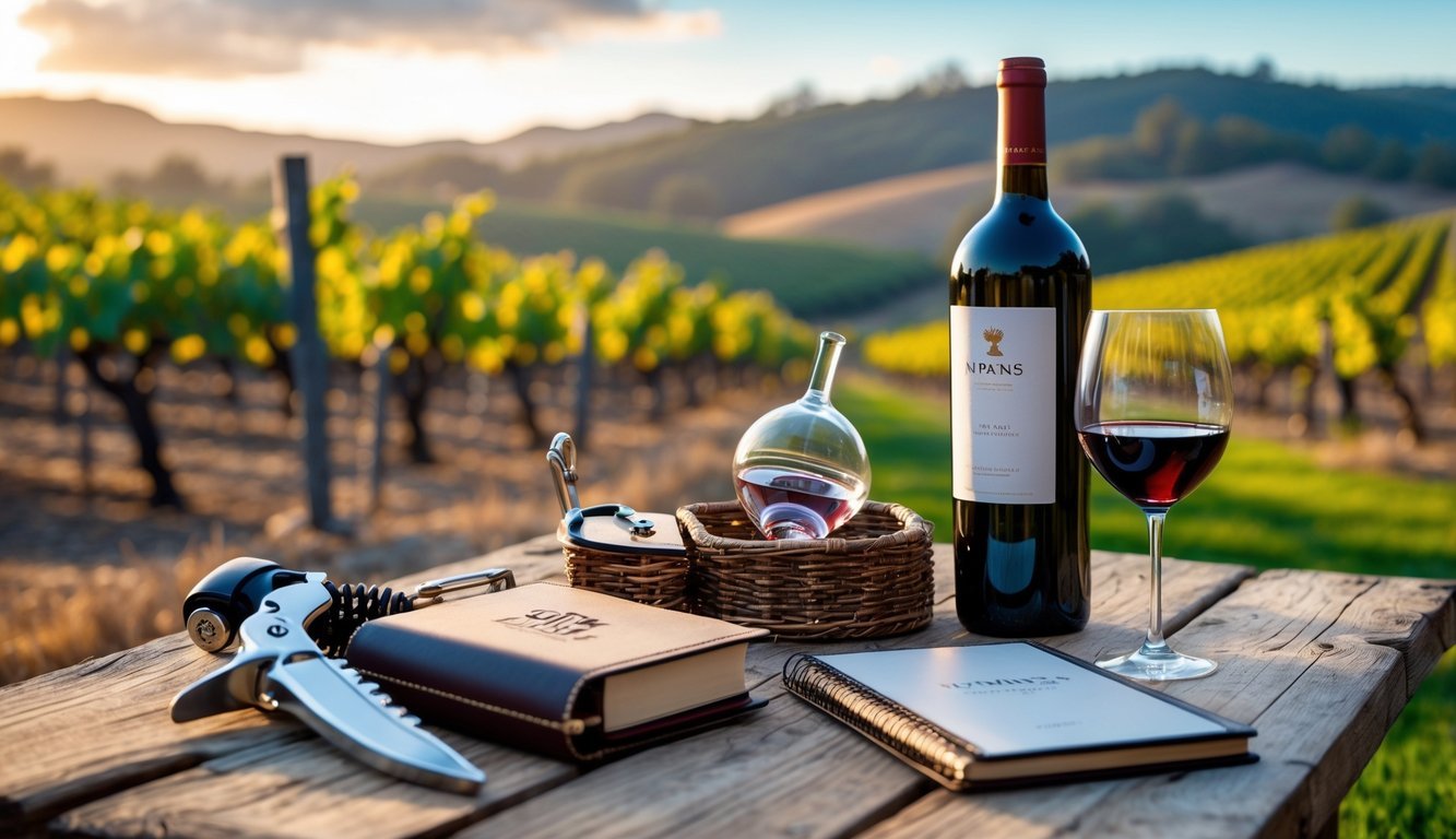 A vineyard in Napa Valley with grapevines, a wooden table displaying wine gifts including a bottle of red wine, wine glasses, a corkscrew, and a wine journal, under warm sunlight.