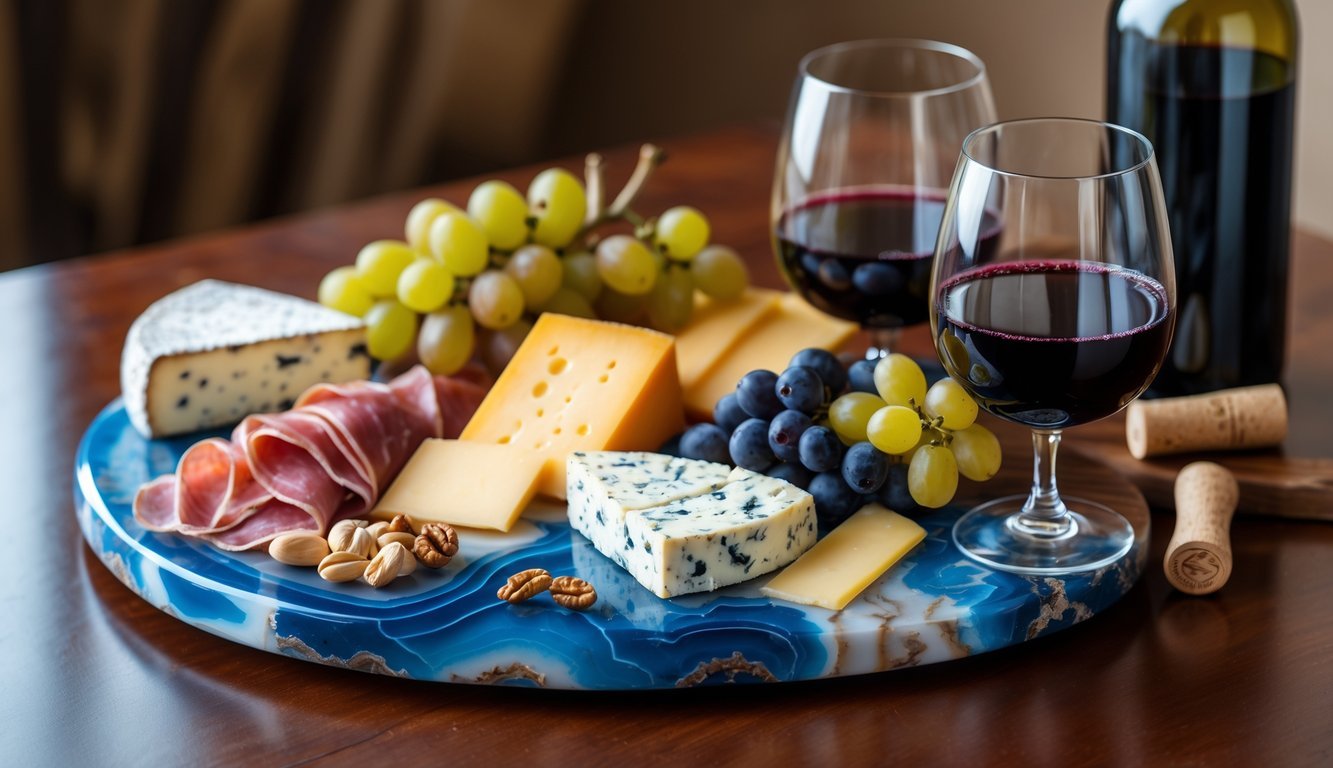 An agate stone cheese board with assorted cheeses, grapes, nuts, cured meats, and two glasses of red wine on a wooden table.