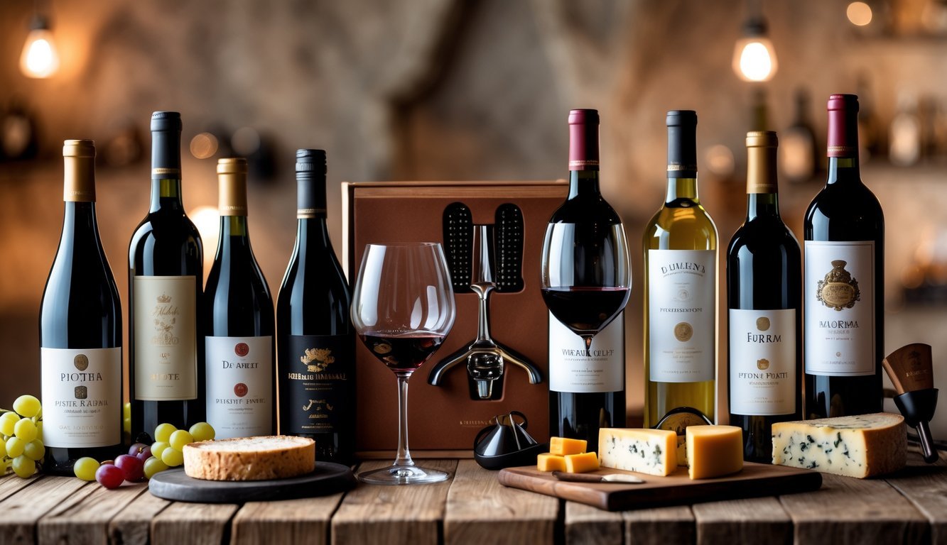 Twelve elegant wine-related gifts arranged on a wooden table, including wine bottles, glasses, corkscrew, cheese board, and other accessories in a cozy wine cellar setting.