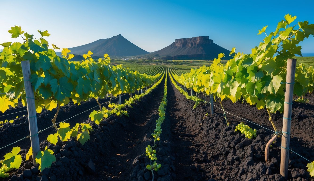 Rows of green grapevines growing in dark volcanic soil with volcanic hills in the background under a clear blue sky.