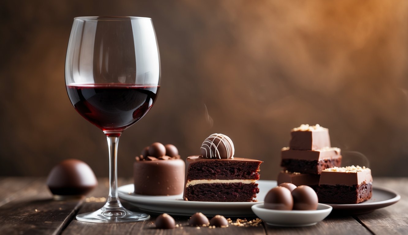 A glass of red wine next to various chocolate desserts on a wooden table.