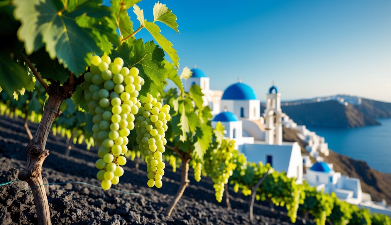Vineyard with green grapevines on volcanic soil and white buildings with blue domes on cliffs overlooking the sea under a clear sky.