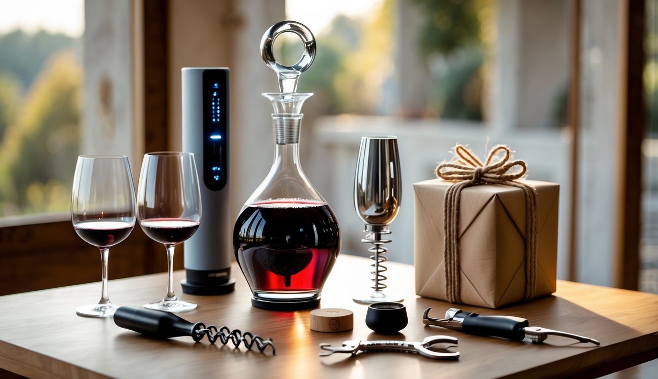 A wooden table displaying various wine accessories including a decanter, wine glasses, an electric opener, a corkscrew, and a wrapped gift box.