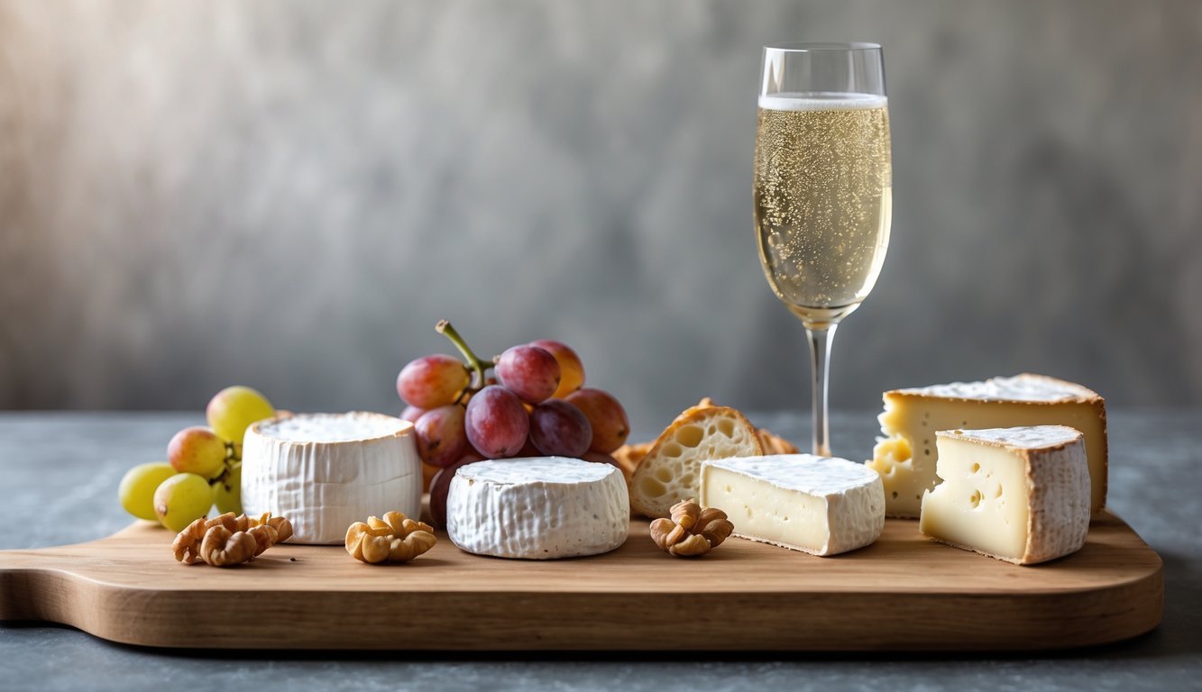 A glass of champagne next to a wooden board with creamy cheeses, grapes, walnuts, and bread slices.