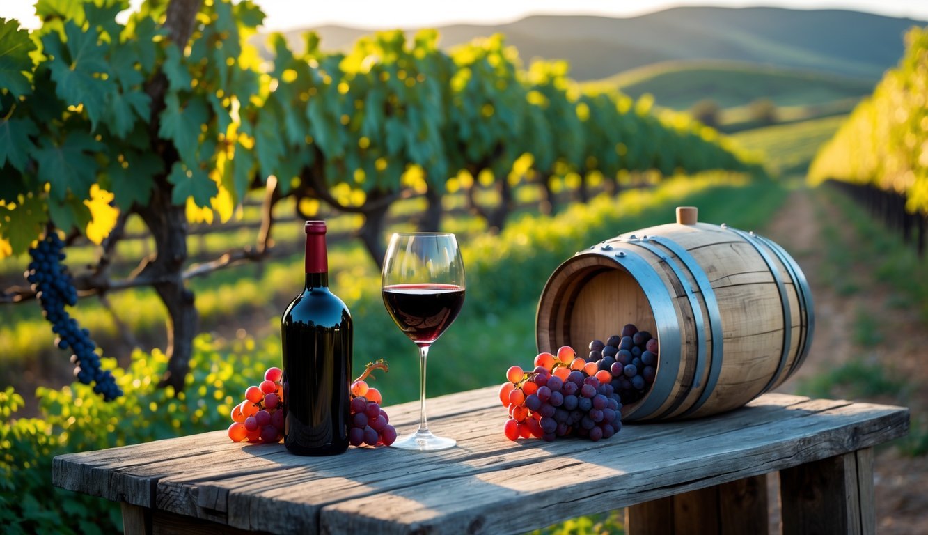 A vineyard with ripe dark red grapes and a glass of red wine on a wooden table, set against rolling hills under a clear sky.