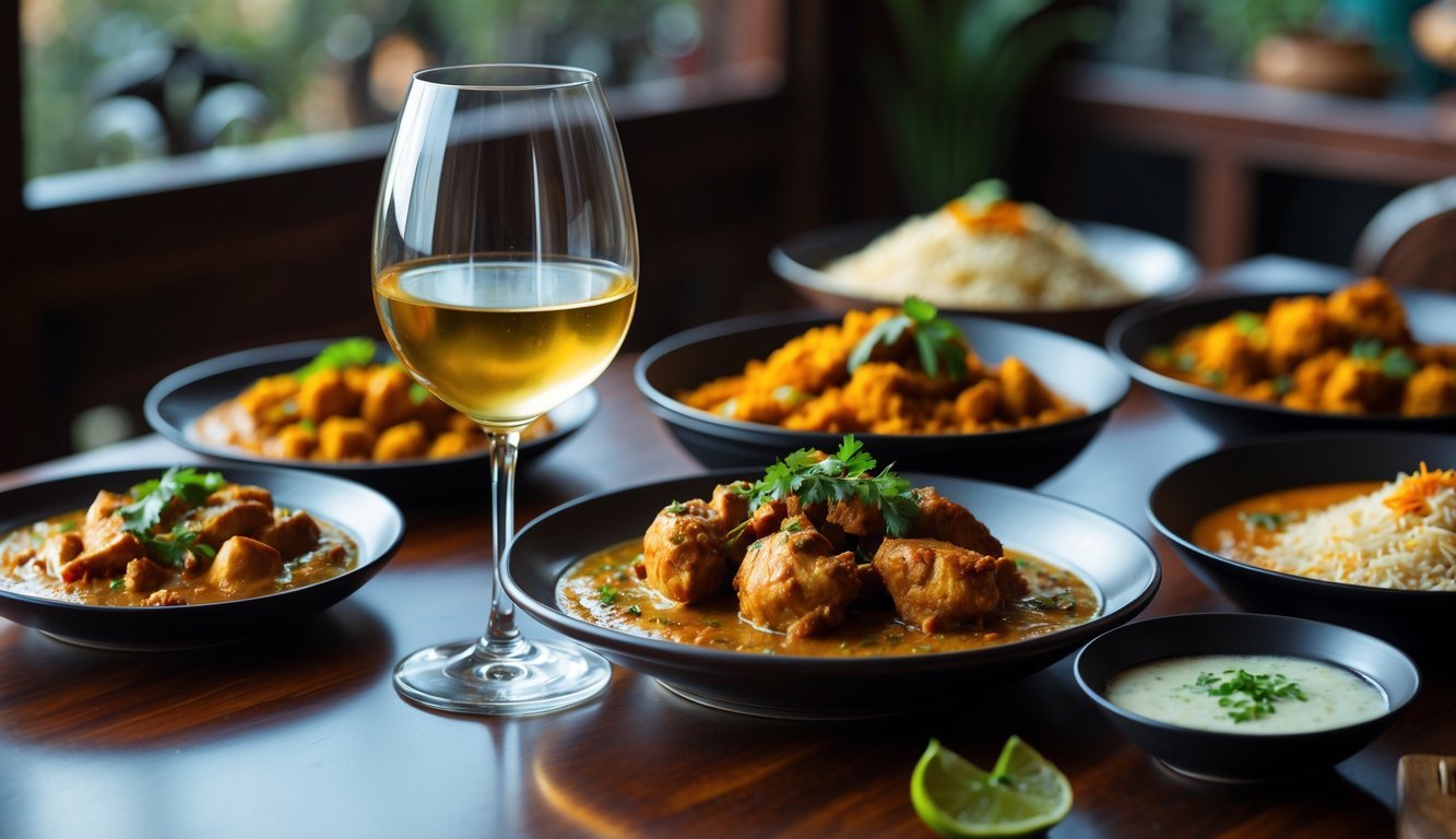 A glass of sweet wine next to plates of spicy Indian food on a wooden table.