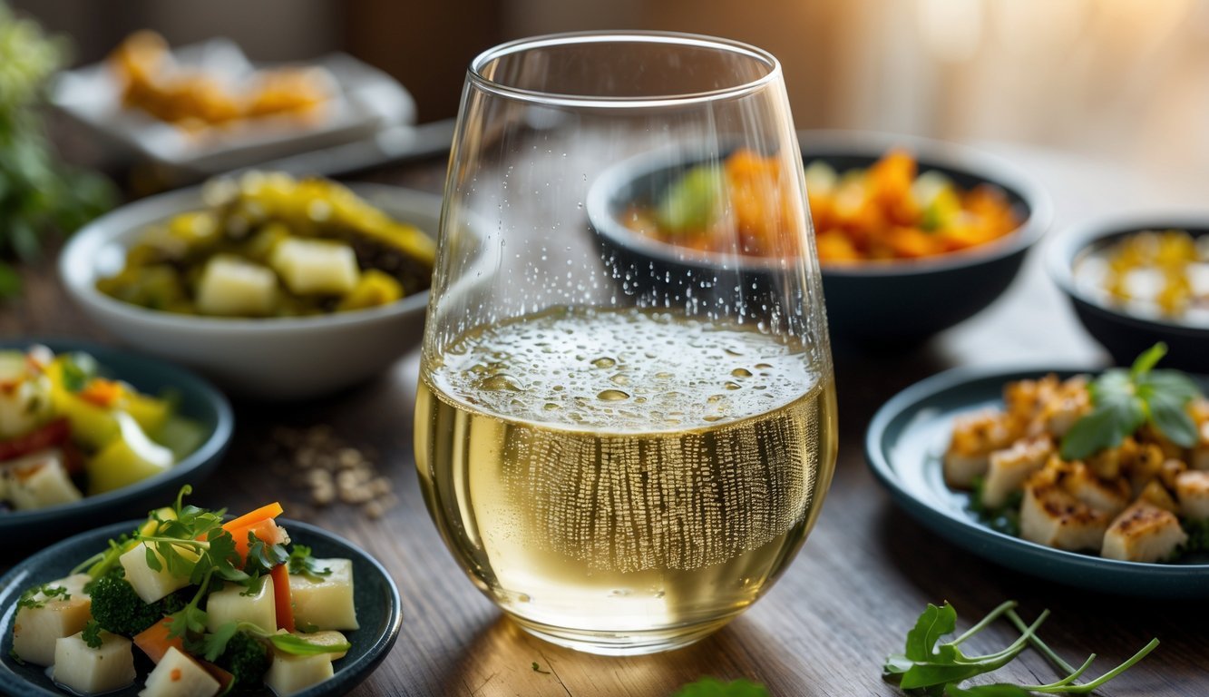 A glass of white wine on a wooden table surrounded by small dishes of pickled vegetables, vinaigrette salad, and marinated appetizers.