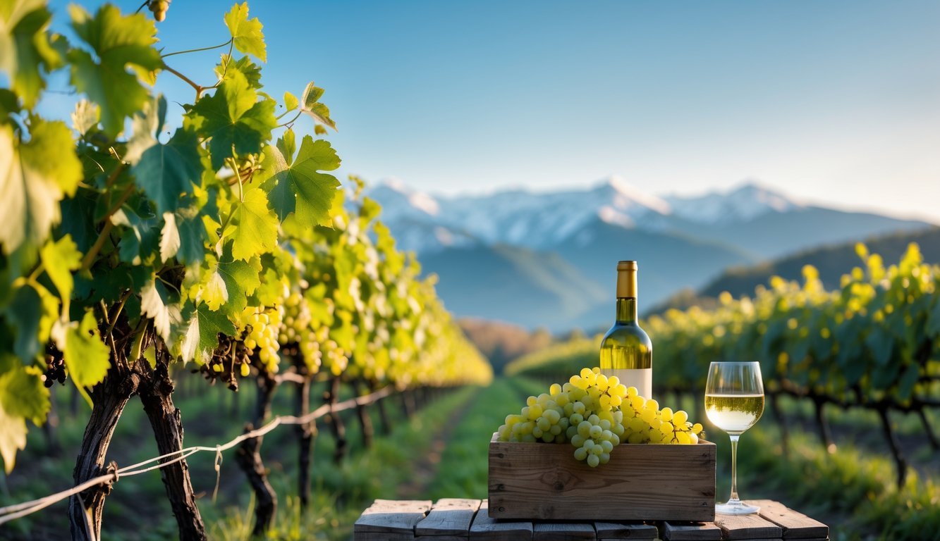 Rows of grapevines with ripe white grapes in an alpine vineyard with snow-capped mountains in the background and a wooden table holding a bottle of white wine and a glass.