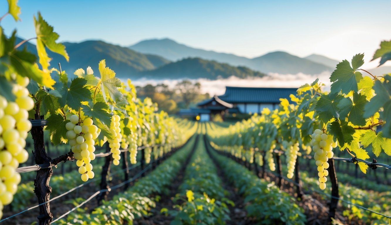 Vineyard with pale green grapes growing on vines in Yamanashi, Japan, with hills and mountains in the background under a clear sky.