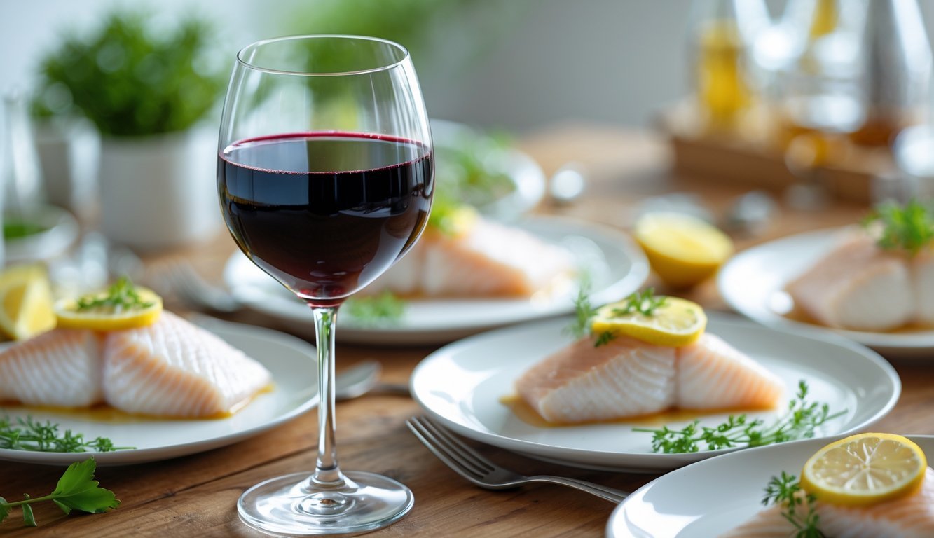 A glass of red wine on a table with plates of delicate fish dishes garnished with herbs and lemon.