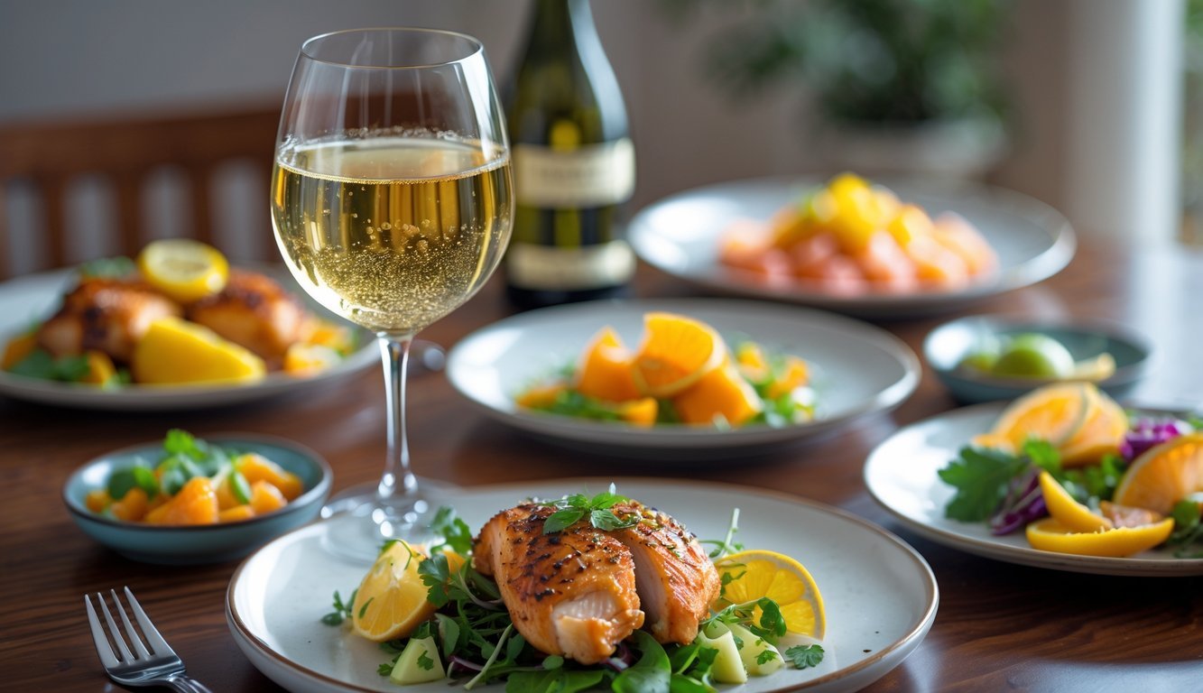 A glass of oaked Chardonnay wine on a wooden table surrounded by plates of citrus-based dishes including lemon chicken and citrus salad.