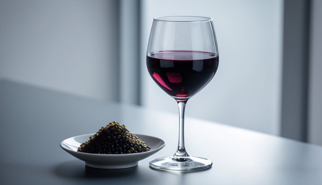 A glass of dry red wine next to a small dish of salty black caviar on a table.