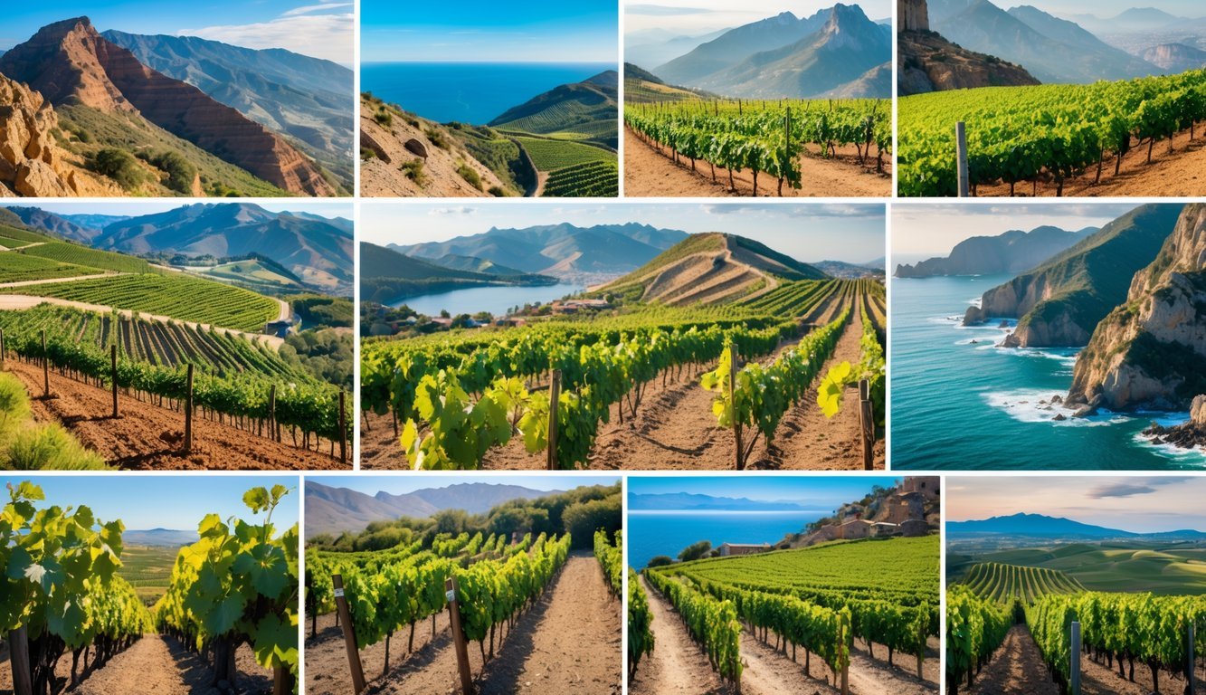 A collage of twelve unique vineyard landscapes showing diverse natural environments like mountains, deserts, coastal cliffs, and snowy valleys with grapevines.