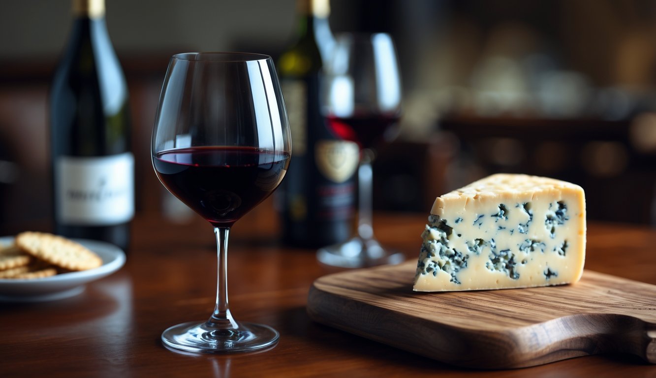 A glass of Pinot Noir wine next to a wedge of blue cheese on a wooden table.