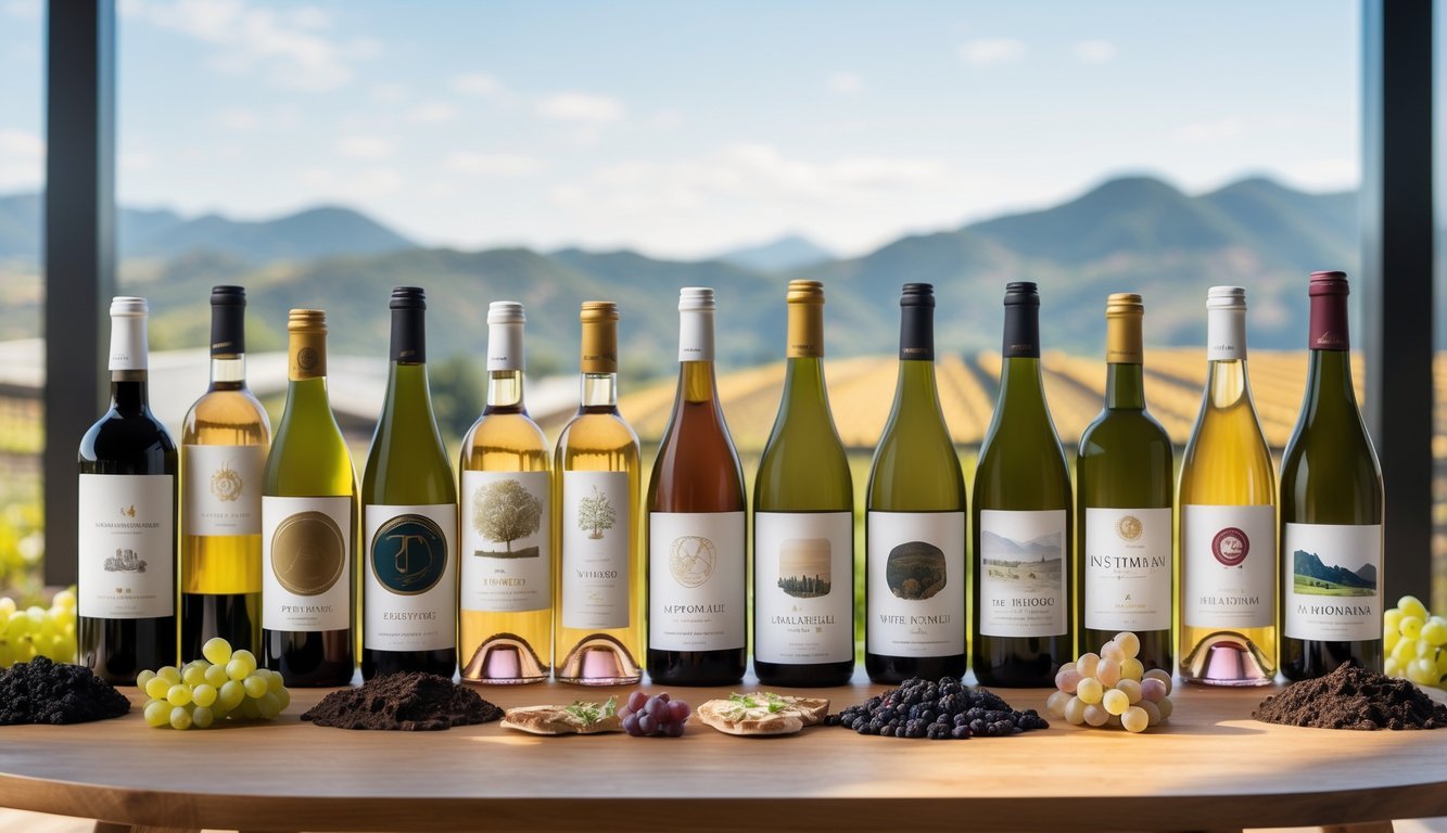 A table displaying a variety of wine bottles from different regions with grapes and vineyard elements around them.