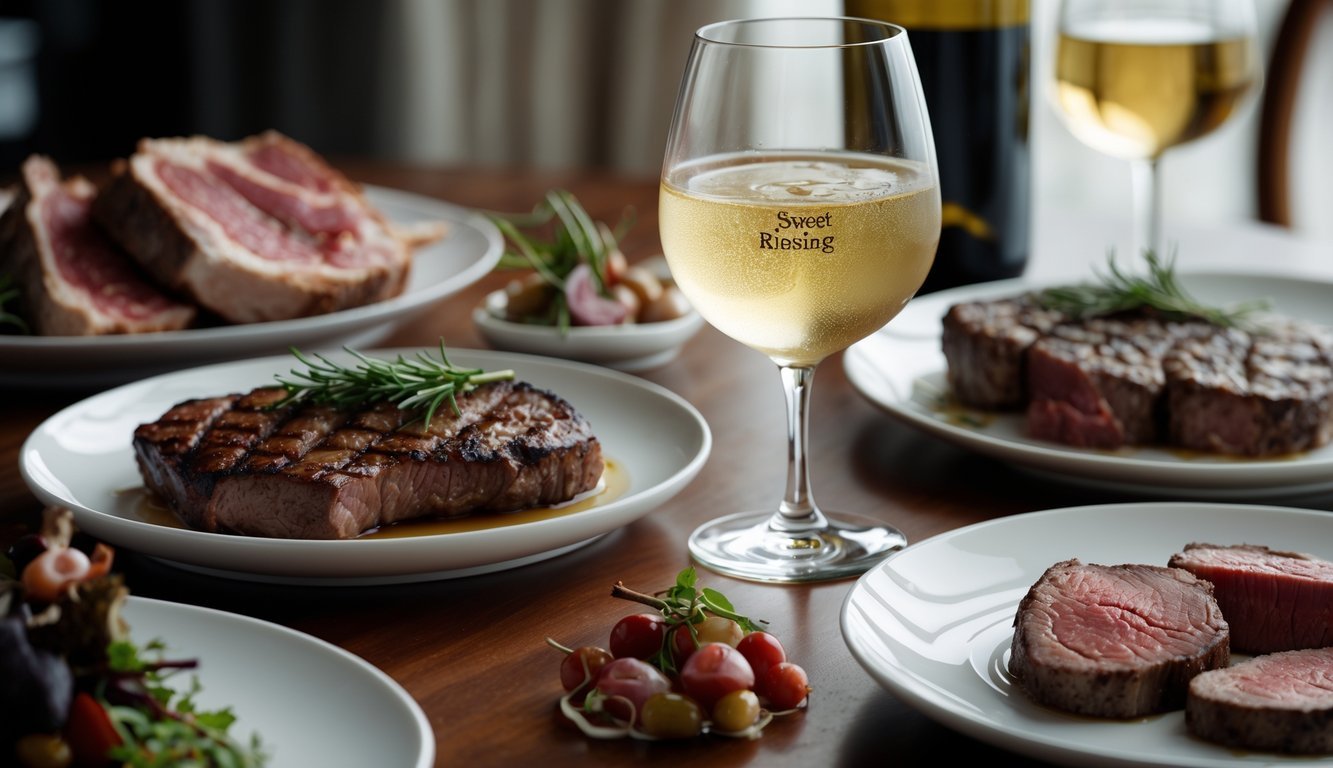 A glass of sweet Riesling wine next to plates of rich red meats including steak and lamb chops on a wooden table.