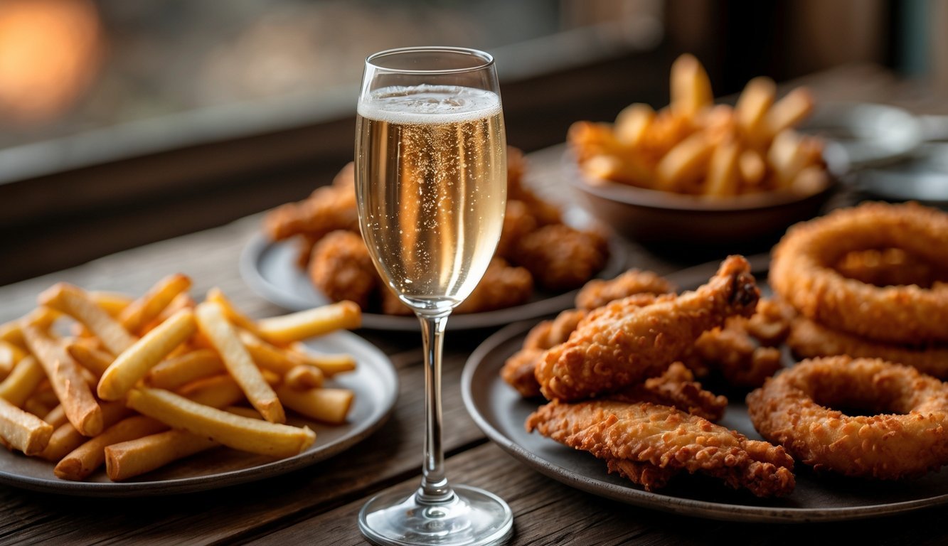 A glass of sparkling wine next to plates of fried foods including French fries, fried chicken wings, and onion rings on a wooden table.