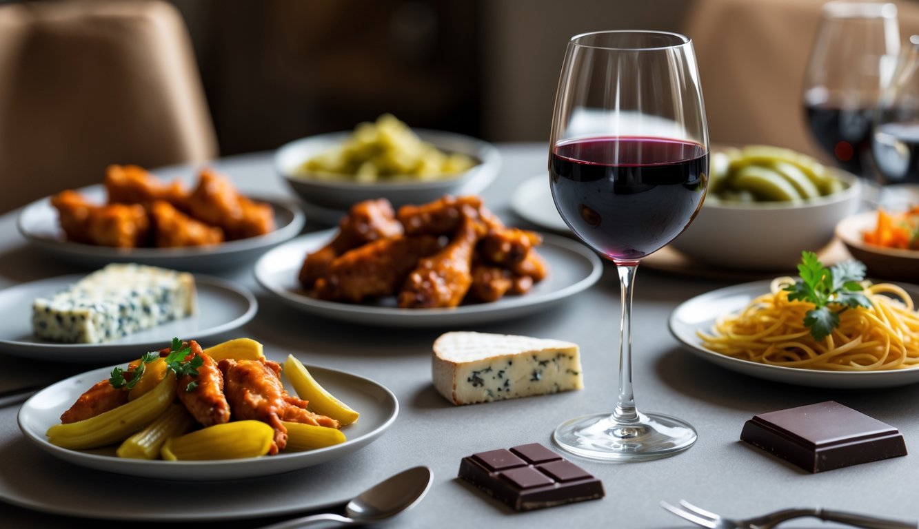 A dining table with a glass of red wine surrounded by foods like blue cheese, spicy wings, garlic pasta, pickled vegetables, and dark chocolate.