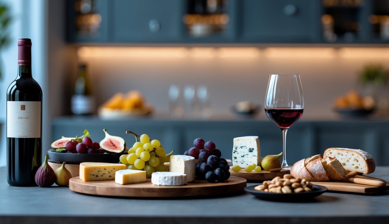 A dining table with a bottle of red wine, a glass, cheese platter, fruits, bread, and nuts arranged for a food and wine pairing.