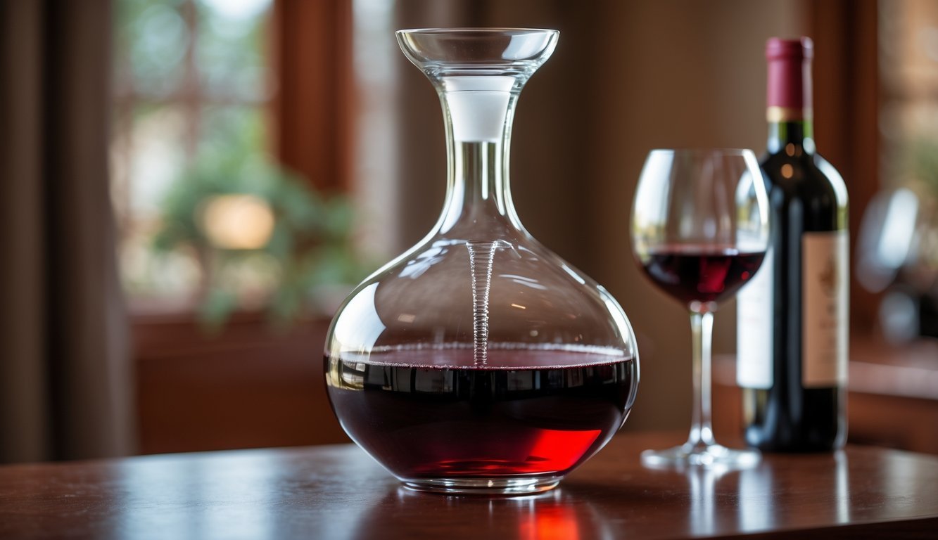 A wide-bottomed glass decanter filled with red wine on a wooden table, with a wine bottle and glass in the background.