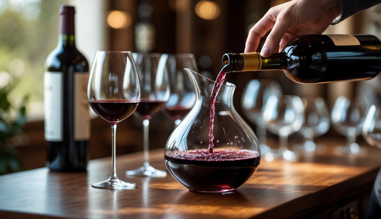 A hand pouring red wine from a bottle into a glass decanter on a wooden table with wine glasses in the background.