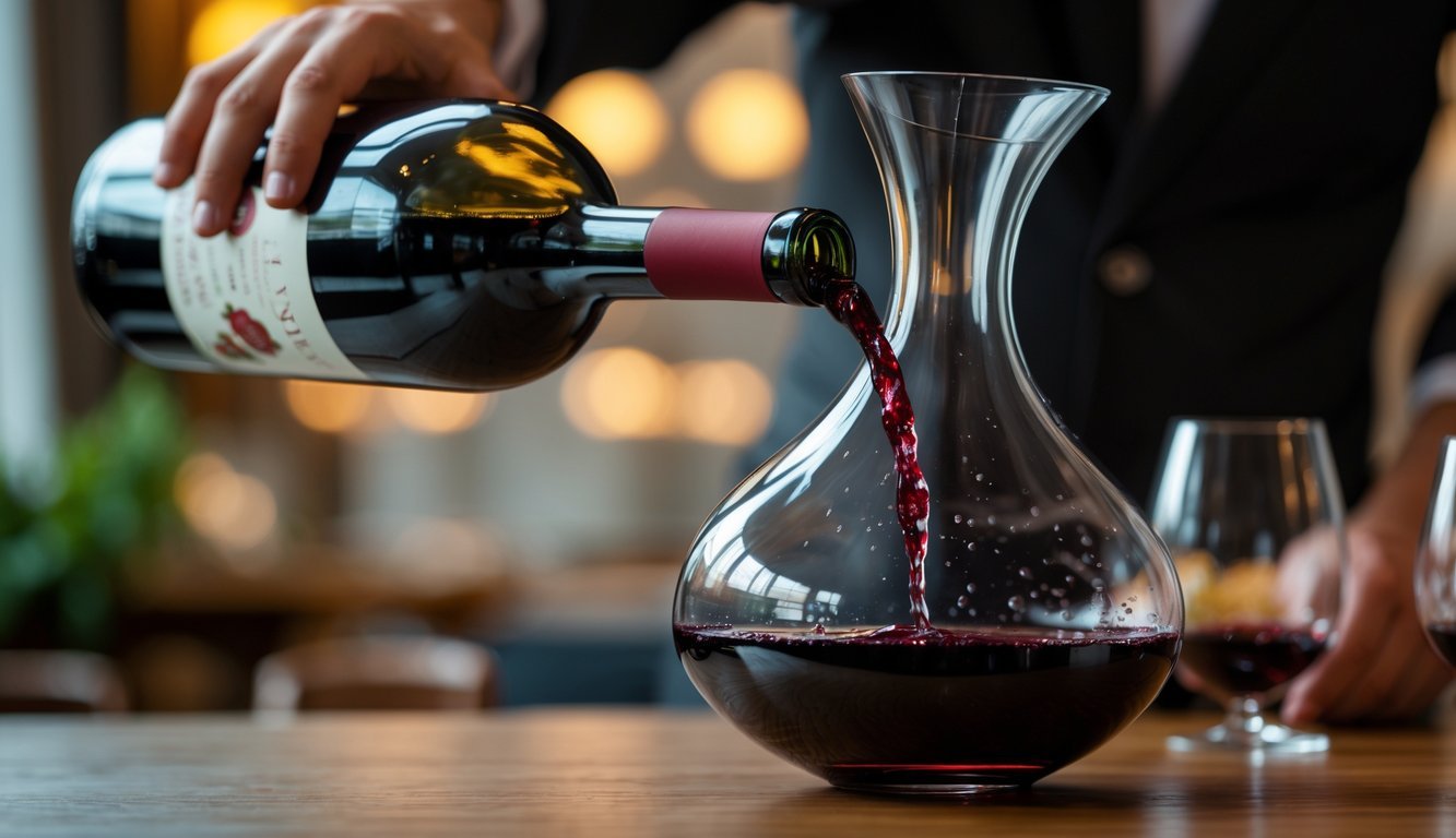 A person pouring red wine slowly from a bottle into a wine decanter on a wooden table.