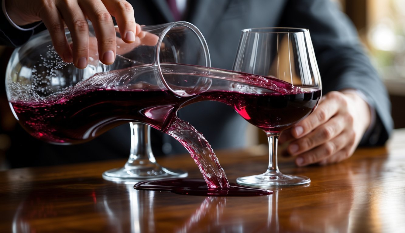 Hands pouring red wine back and forth between a glass decanter and a wine glass on a wooden table.