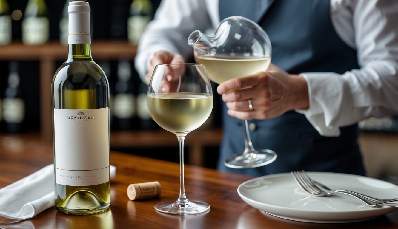 Close-up of a bottle of white wine and a filled wine glass on a wooden table with a person holding a decanter in the background but not pouring.
