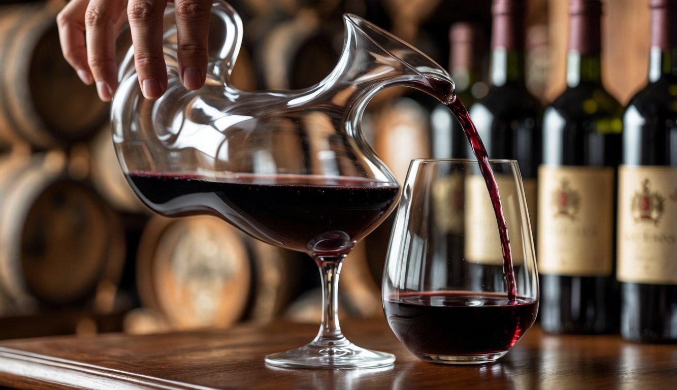 A close-up of red wine being poured from a glass decanter into a wine glass on a wooden table with vintage wine bottles blurred in the background.