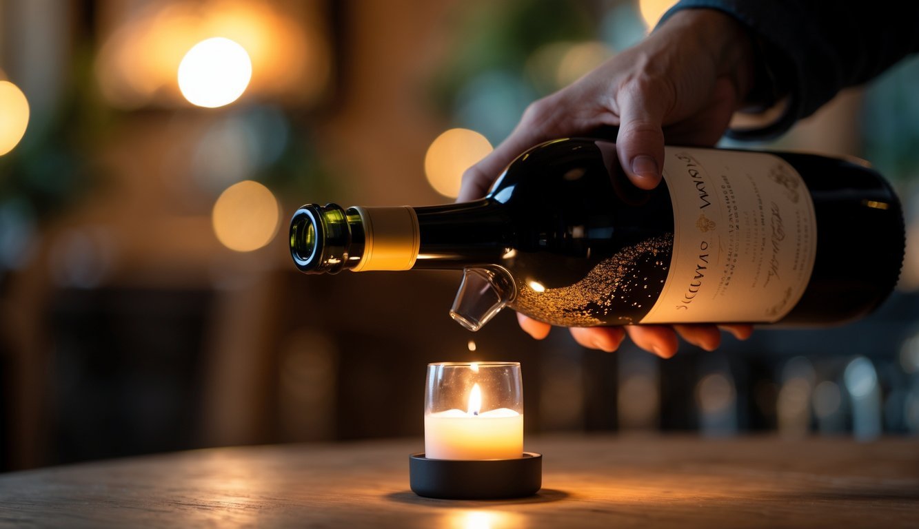 A hand holding a tilted wine bottle with a candle or flashlight shining underneath to reveal sediment inside.