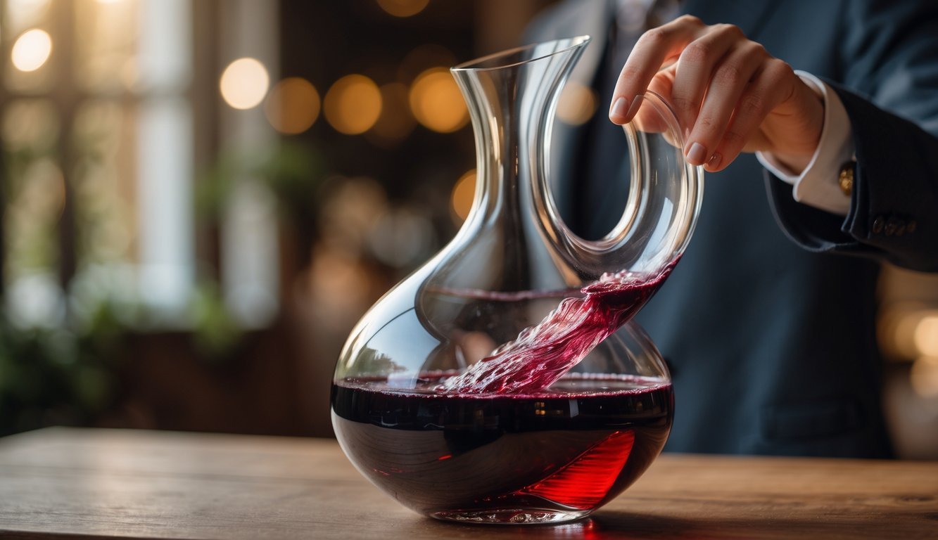 A hand gently swirling red wine inside a clear glass decanter on a wooden table.