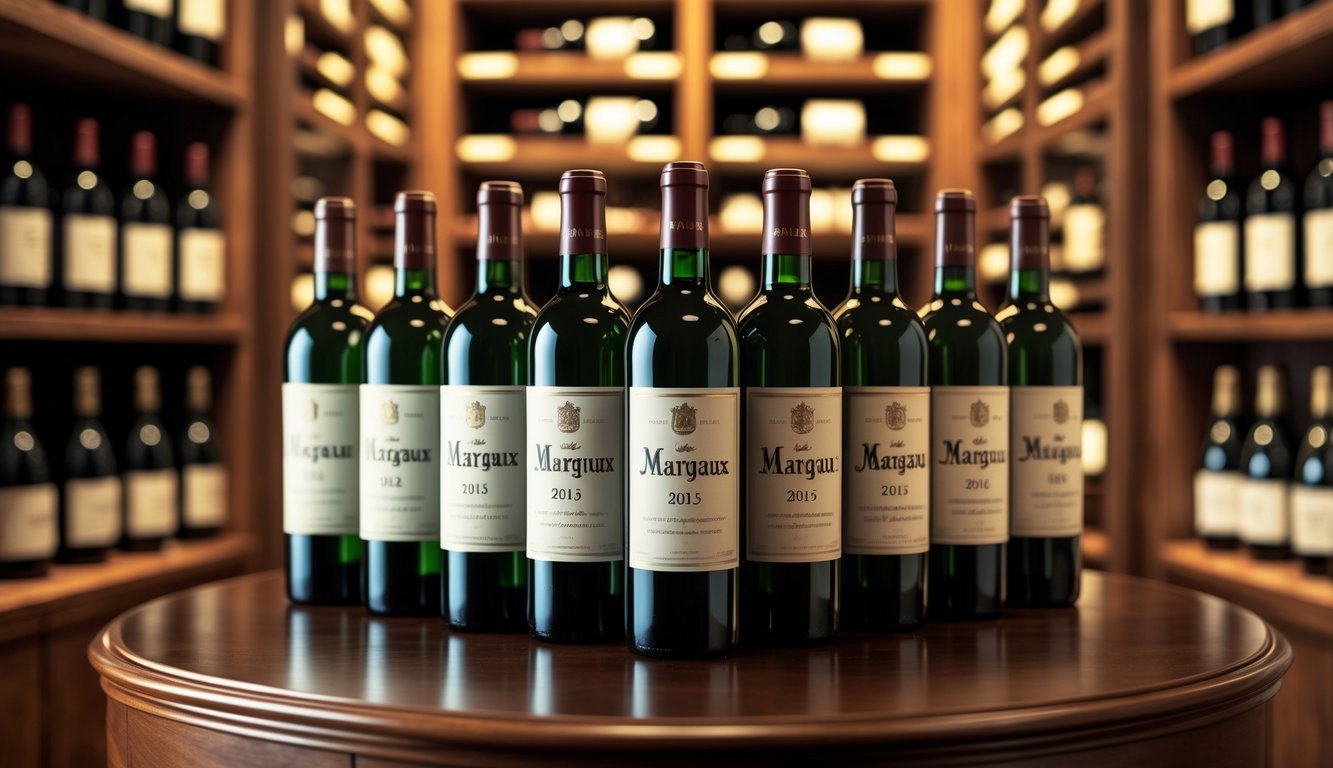 Nine Château Margaux 2015 wine bottles arranged on a wooden surface with a wine cellar in the background.