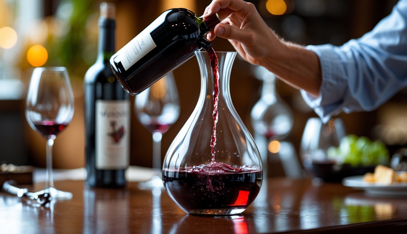 A hand pouring red wine from a bottle into a glass decanter on a wooden table in a cozy dining setting.