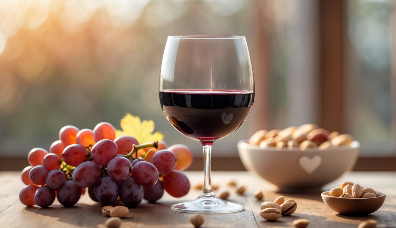 A glass of red wine on a wooden table with grapes, nuts, and a heart-shaped decoration in the background.